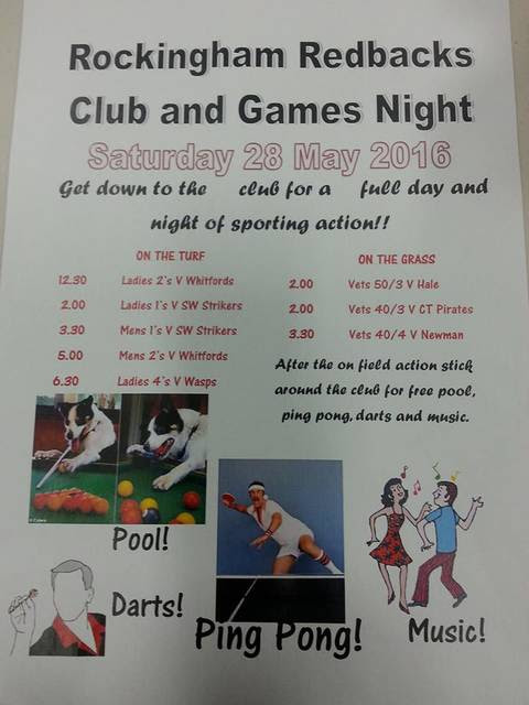 Rockingham Redbacks Club and Game Night May 28 2016